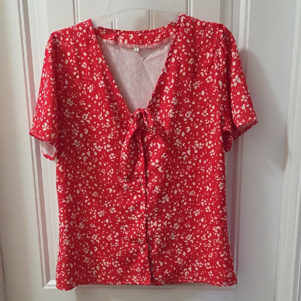 Red Tie-Front White Splatted Button Up Blouse - Women